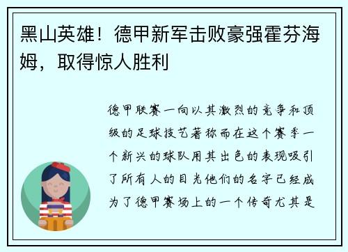 黑山英雄！德甲新军击败豪强霍芬海姆，取得惊人胜利